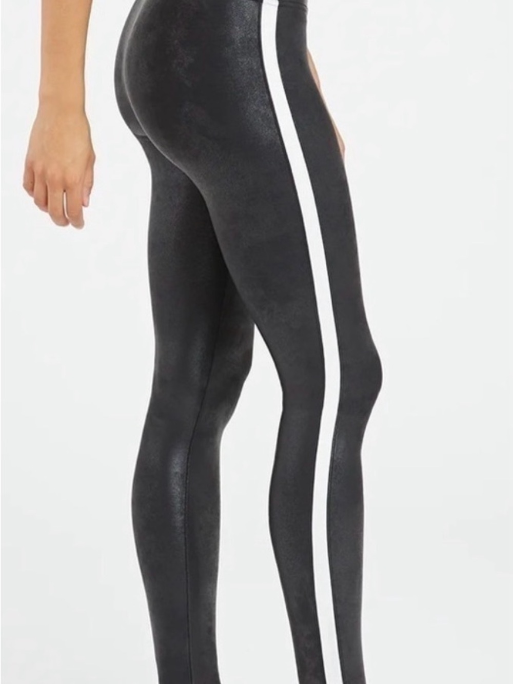SPANX Black Faux-Leather Very Black w/White Side Stripe Leggings L